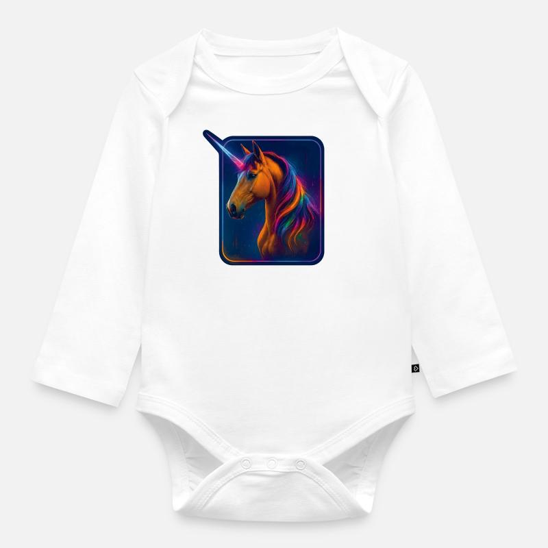 Wunderschönes braunes Einhorn – Neon Style Artwork - Baby Bio-Langarm-Body - Weiß