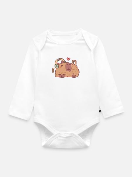Süßes Capybara Mit Kopfhörern, Das Zu Musik Chillt - Baby Bio-Langarm-Body - Weiß