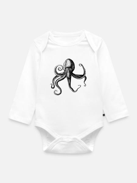 Monochrome Tintenkrake Illustration - Baby Bio-Langarm-Body - Weiß