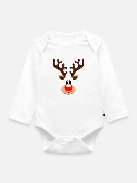 Rentiergesicht Rudolf Rentier Geweih Rote Nase - Baby Bio-Langarm-Body - Weiß