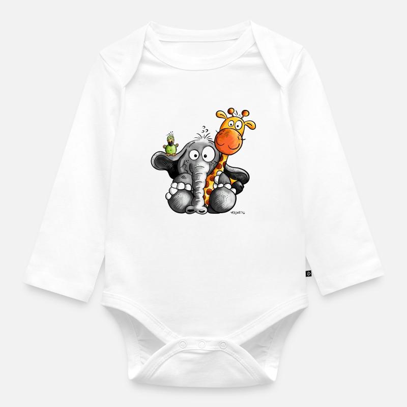 Elefant umarmt Giraffe - Baby Bio-Langarm-Body - Weiß