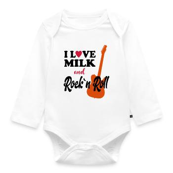 Child baby birthday saying milk rockn roll music - Organic Longsleeve Baby Bodysuit - white - Front
