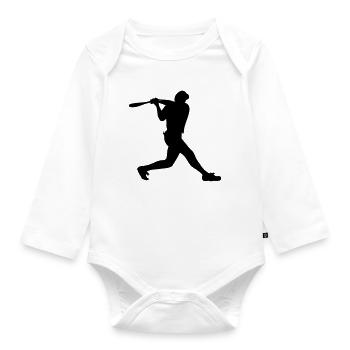 Baseball man boy with helmet on strikes - Organic Longsleeve Baby Bodysuit - white - Front