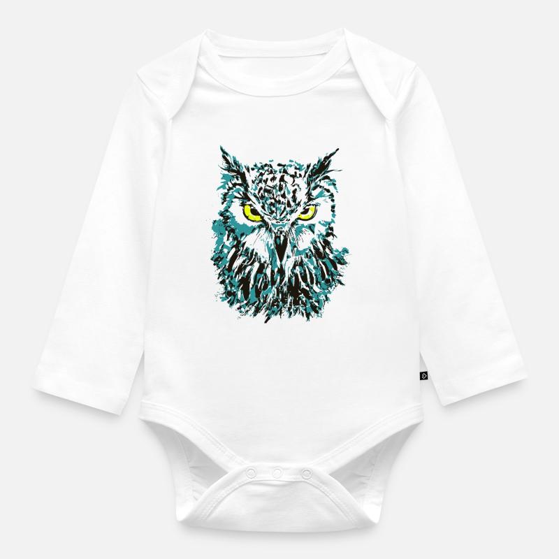 Eule Zeichnung - Blaue Eule mit leuchtenden Augen - Baby Bio-Langarm-Body - Weiß