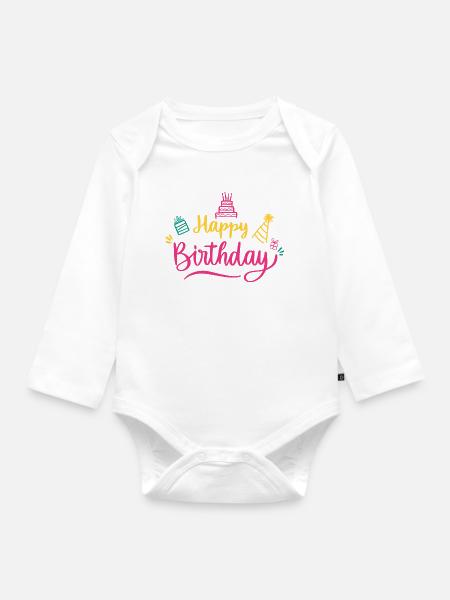 Happy Birthday Bunte Schrift - Baby Bio-Langarm-Body - Weiß