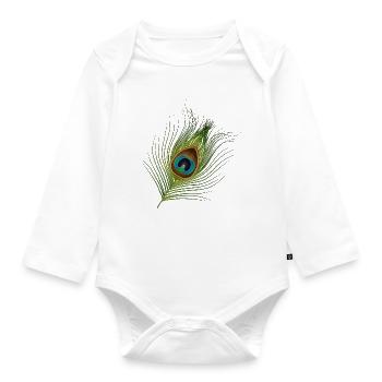 von Hand gezeichnete Pfauenfeder - Baby Bio-Langarm-Body - Weiß - Vorne