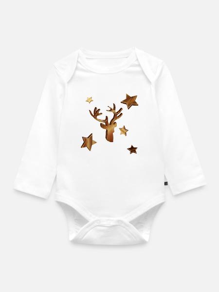 Hirschkopf in Holzoptik mit Sterne für Weihnachten - Baby Bio-Langarm-Body - Weiß
