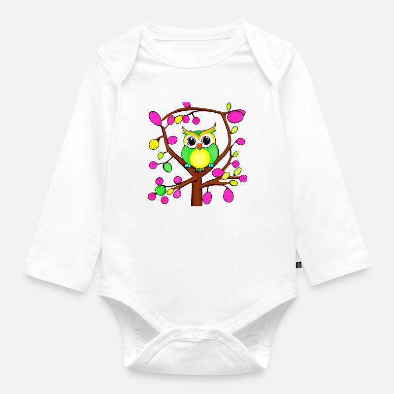 Chouette heureuse dans un arbre multicolore - Body Bébé bio manches longues - blanc