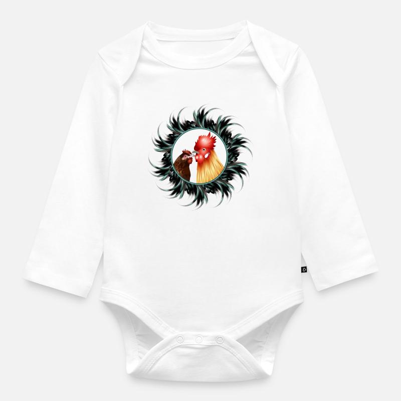 Coq avec poule dans le cadre de plumes - Body Bébé bio manches longues - blanc