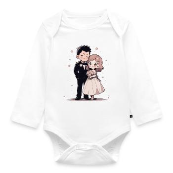 Bride and Groom Wedding Watercolor Anime Chibi - Organic Longsleeve Baby Bodysuit - white - Front