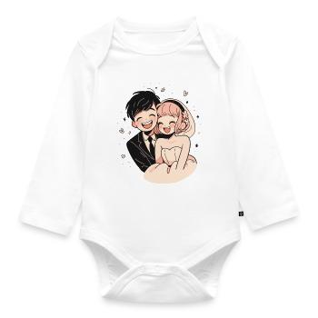 Bride and Groom Wedding Watercolor Anime Chibi - Organic Longsleeve Baby Bodysuit - white - Front