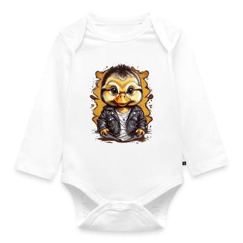 Cute duck with leather jacket - Organic Longsleeve Baby Bodysuit - white - Front