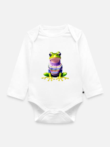 Kleiner Regenbogenfrosch mit Norweger-Pullover - Baby Bio-Langarm-Body - Weiß