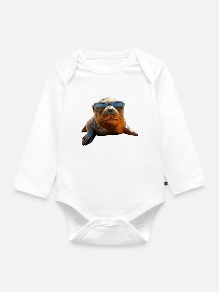 Robbe mit Sonnenbrille Seehund Walross Süße Robben - Baby Bio-Langarm-Body - Weiß