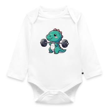 Dino T-Rex Workout Dumbbell Bench Press Design - Organic Longsleeve Baby Bodysuit - white - Front