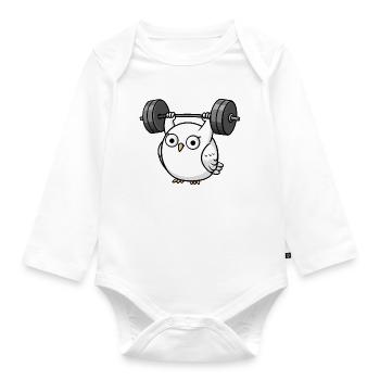 Funny Owl Bench Press Dumbbell Cartoon - Organic Longsleeve Baby Bodysuit - white - Front