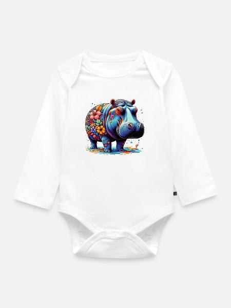 Nilpferd - Baby Bio-Langarm-Body - Weiß