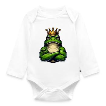Muscular King Frog with Crown - Organic Longsleeve Baby Bodysuit - white - Front