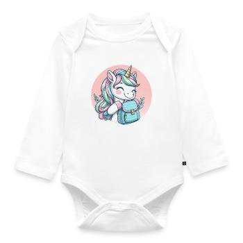 Einhorn Pastell Unicorn mit Schulranzen - Baby Bio-Langarm-Body - Weiß - Vorne
