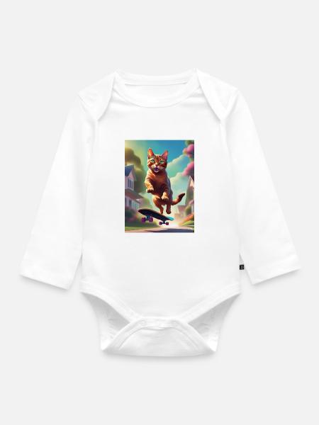 Katze Skateboaring - Baby Bio-Langarm-Body - Weiß