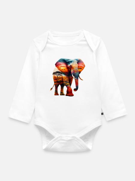 Elefant - Baby Bio-Langarm-Body - Weiß