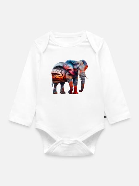 Elefant - Baby Bio-Langarm-Body - Weiß