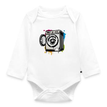 Waschbär in der Waschmaschine - Humorvolles Motiv - Baby Bio-Langarm-Body - Weiß - Vorne