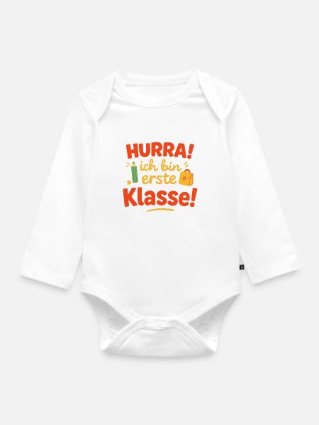 Erste Klassenbeginn Schriftzug mit Schulranzen - Baby Bio-Langarm-Body - Weiß
