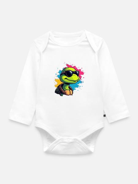 Lässige Turtle mit Sonnenbrille - Baby Bio-Langarm-Body - Weiß