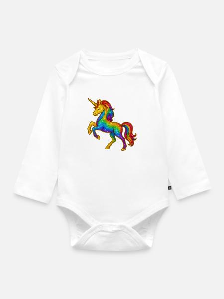 Glitzernder Regenbogen-Einhorn - Baby Bio-Langarm-Body - Weiß