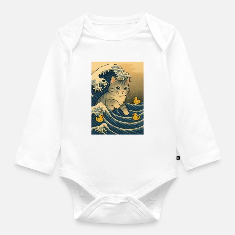 Chats dans la mer de vagues avec des canards - Body Bébé bio manches longues - blanc