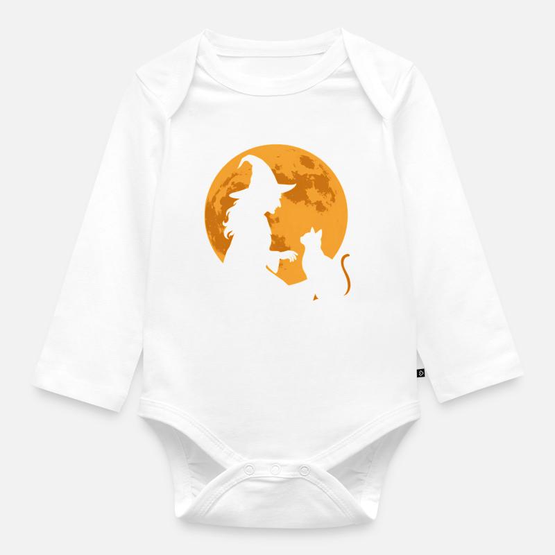 Sort de lune Sorcière et Silhouette de chat - Body Bébé bio manches longues - blanc