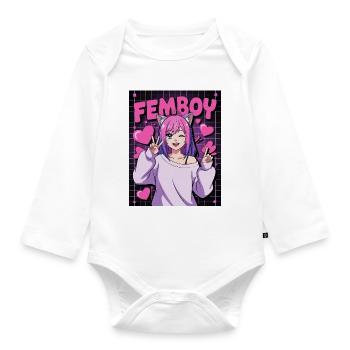 Süßer Anime Femboy mit Katzenohren - Baby Bio-Langarm-Body - Weiß - Vorne