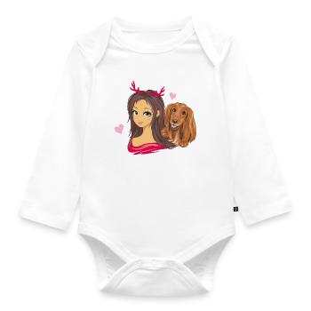Cute girl in red horns with her friend the dog - Organic Longsleeve Baby Bodysuit - white - Front