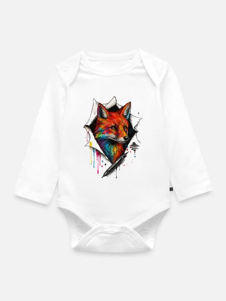 Regenbogenfuchs Kunst mit Farbspritzer - Baby Bio-Langarm-Body - Weiß