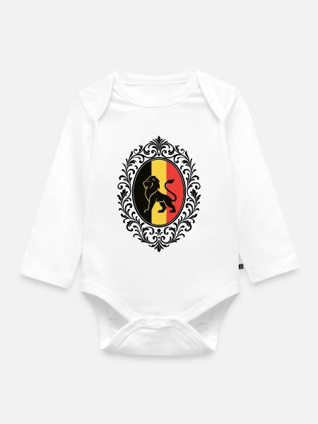 Löwe Silhouette T-Shirt mit belgischer Flagge und verziertem Rahmen - Baby Bio-Langarm-Body - Weiß