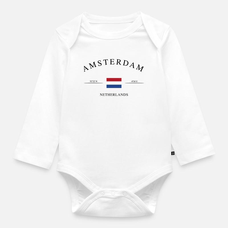 Amsterdam, Pays-Bas – Souvenir et cadeau de vacances - Body Bébé bio manches longues - blanc
