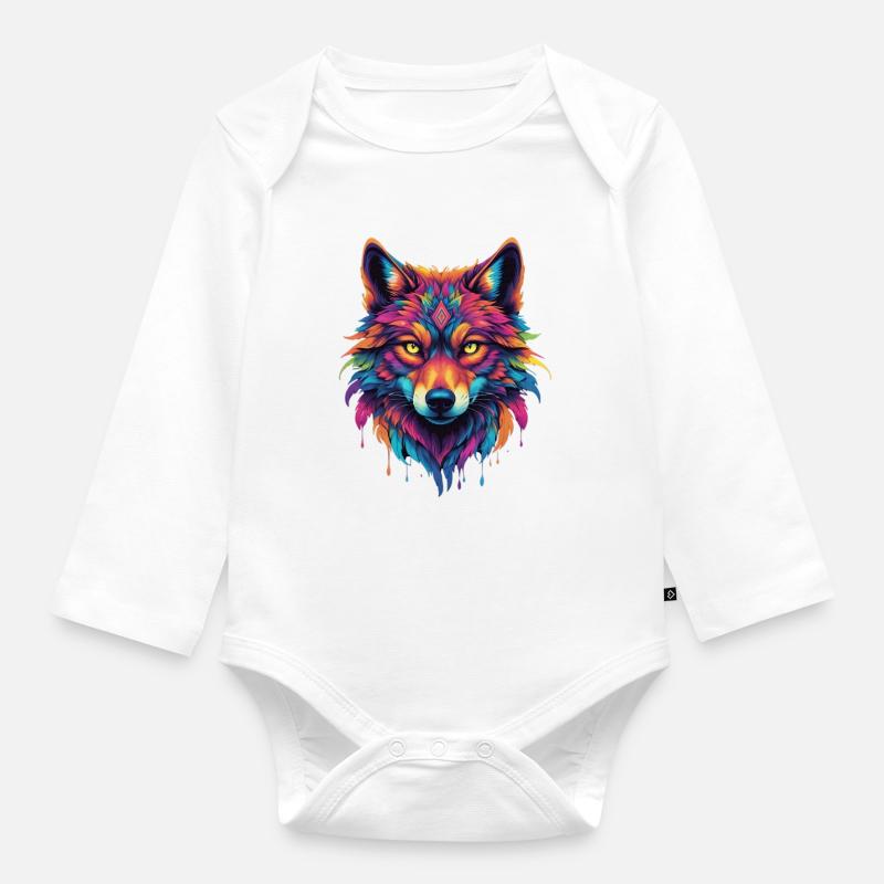 Bunter Wolf Kopf - Baby Bio-Langarm-Body - Weiß