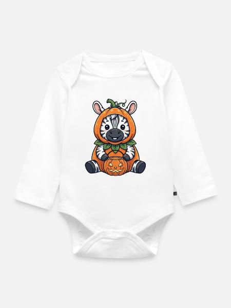Süßes Halloween Zebra mit Hut und Kürbis Laterne - Baby Bio-Langarm-Body - Weiß