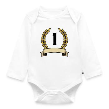 Goldener Lorbeerkranz mit Band 1 - Baby Bio-Langarm-Body - Weiß - Vorne