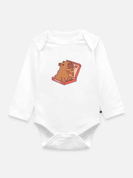 Süßes Capybara mit Pizza in Pizzaschachtel - Baby Bio-Langarm-Body - Weiß