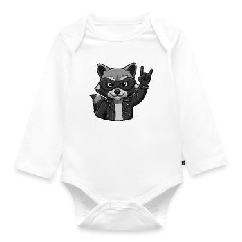 Rocker Raccoon with Rock On Gesture - Organic Longsleeve Baby Bodysuit - white - Front
