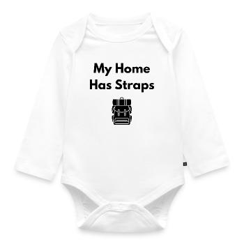 My Home Has Straps (Backpack) – Travel Shirt - Baby Bio-Langarm-Body - Weiß - Vorne