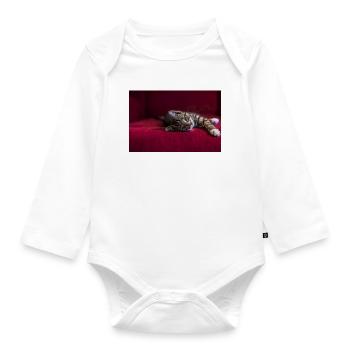 Süße getigerte Babykatze, liegend, Fotografie - Baby Bio-Langarm-Body - Weiß - Vorne