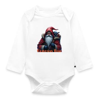 Santa and Blue Cat Fantasy - Organic Longsleeve Baby Bodysuit - white - Front