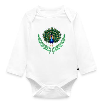 Peacock in Green Laurel Wreath - Organic Longsleeve Baby Bodysuit - white - Front