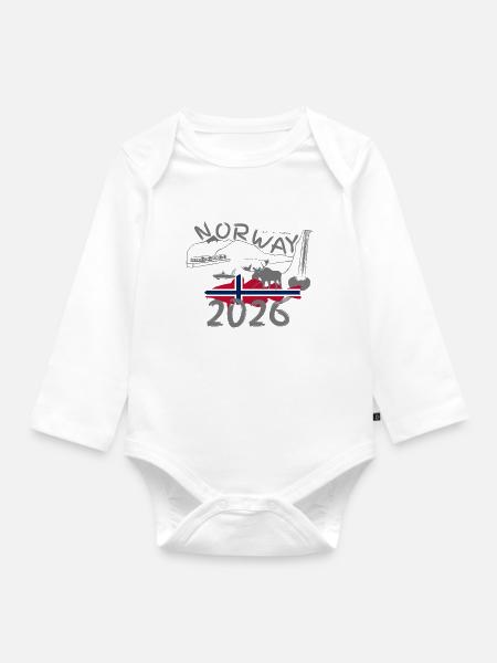Norwegen 2026 Dorsch mit Bergen und Elch Angeln - Baby Bio-Langarm-Body - Weiß