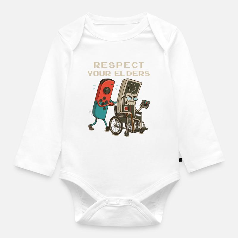 Manette rétro de jeu drôle de Respect Your Elders - Body Bébé bio manches longues - blanc