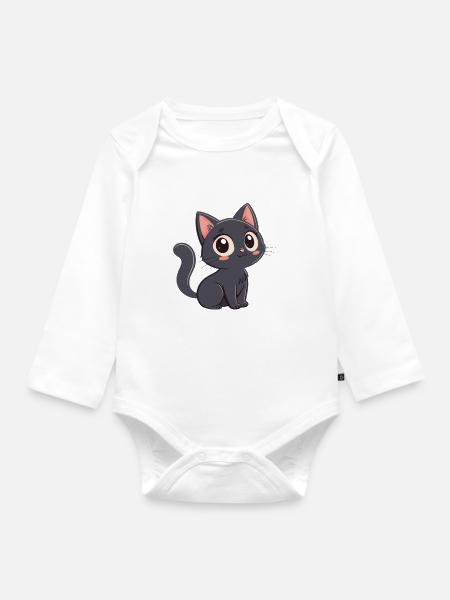 Niedliche schwarze Kätzchen-Zeichentrickserie - Baby Bio-Langarm-Body - Weiß