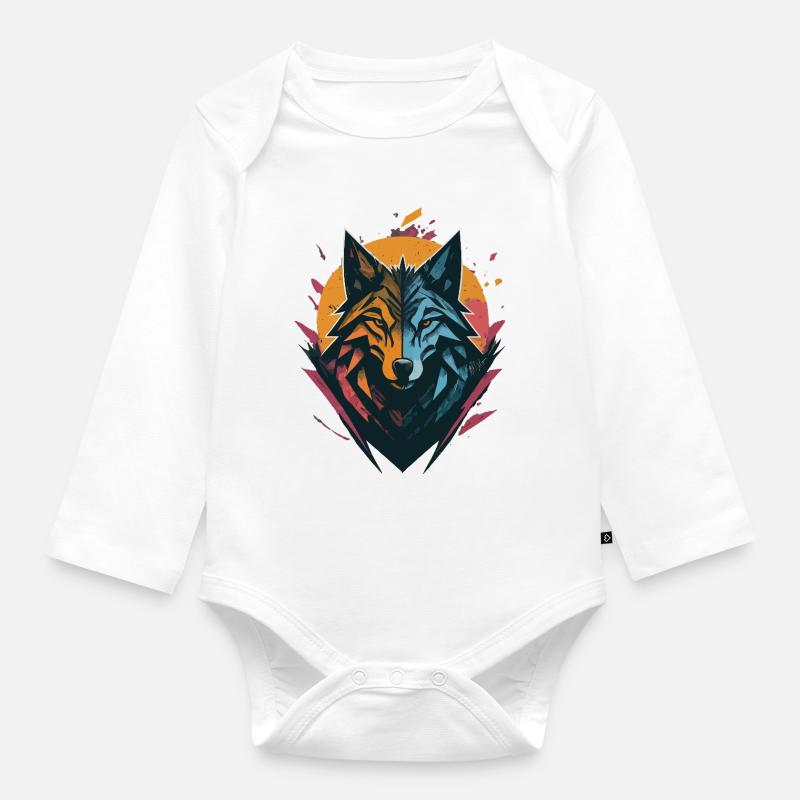 Wolf Double Sided Sun Moon - Organic Longsleeve Baby Bodysuit - white